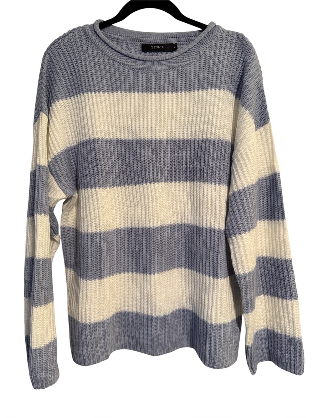 Zesica Dusty Blue and White Striped Scoop Neck Sweater